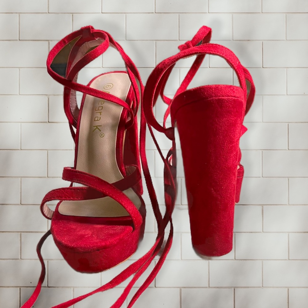 Suede Red strappy platform chunky heels